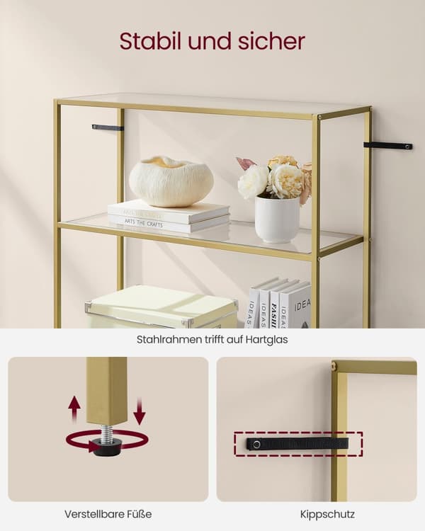 Bokhylla, 6-facks bokhylla, smal hylla för sovrum, badrum, hemmakontor, härdat glas, stålram