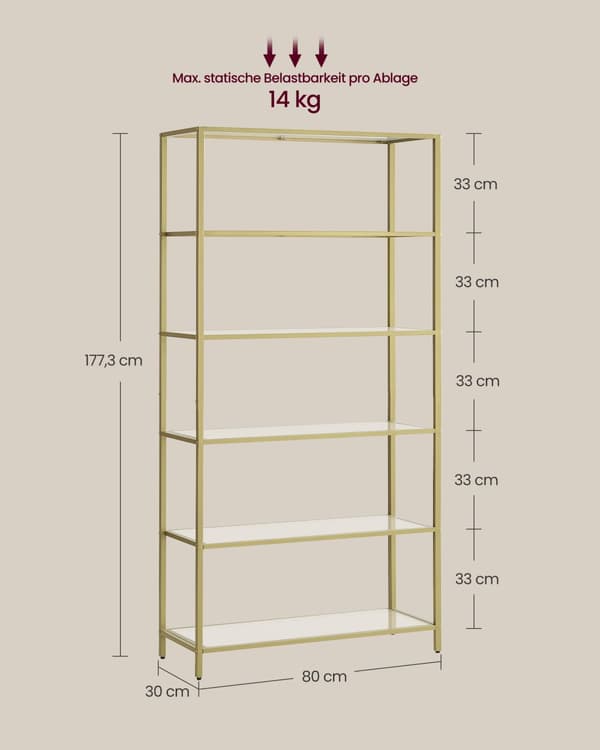 Bokhylla, 6-facks bokhylla, smal hylla för sovrum, badrum, hemmakontor, härdat glas, stålram