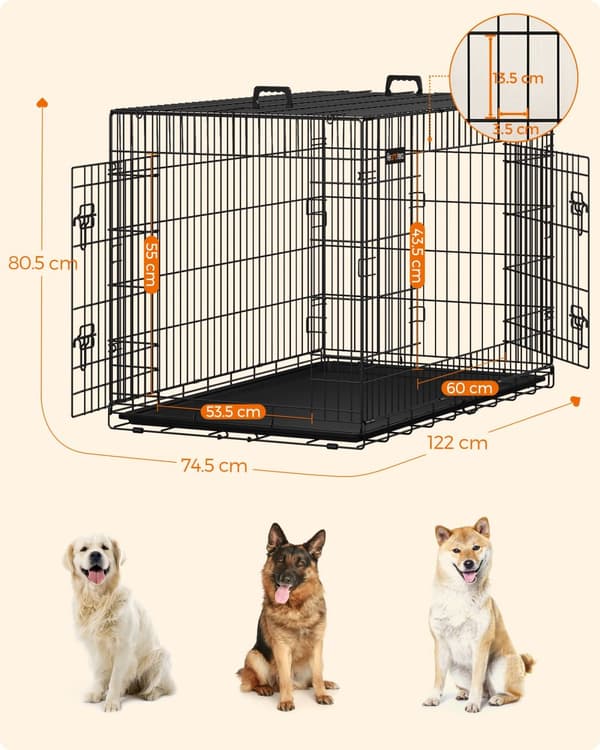Hundekasse, sammenklappelig, 122 cm lang, 2 døre, XXL, sort PPD48H