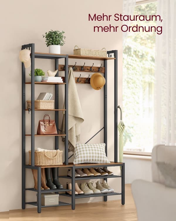 Hall Tree med bænk og skoopbevaring, Hall Coat Rack med skobænk og 5 opbevaringshylder, 9 frakkekroge og 6 sidekroge, 140 x 120 x 190 cm, Vintage Bro