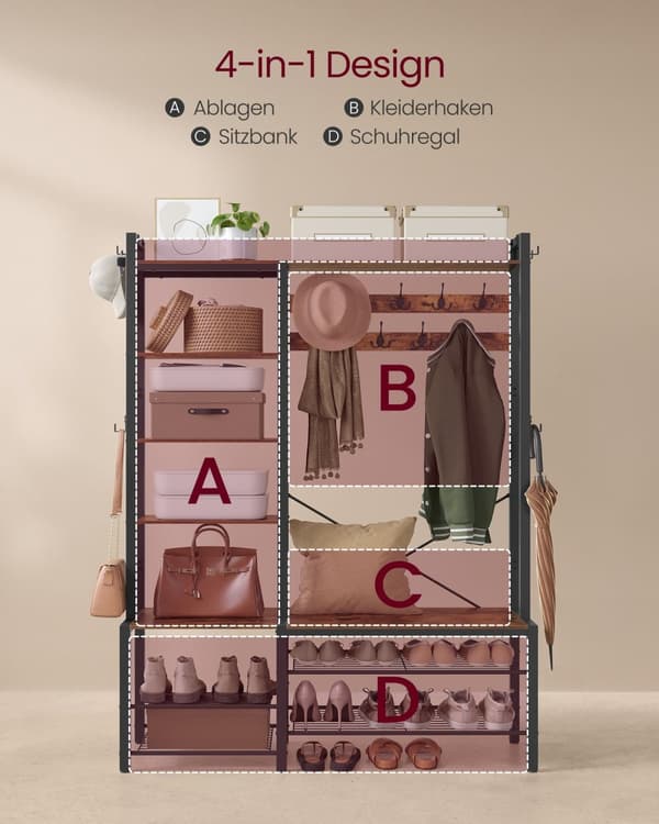 Hall Tree med bænk og skoopbevaring, Hall Coat Rack med skobænk og 5 opbevaringshylder, 9 frakkekroge og 6 sidekroge, 140 x 120 x 190 cm, Vintage Bro