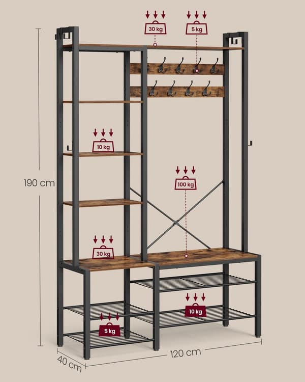 Hall Tree med bænk og skoopbevaring, Hall Coat Rack med skobænk og 5 opbevaringshylder, 9 frakkekroge og 6 sidekroge, 140 x 120 x 190 cm, Vintage Bro