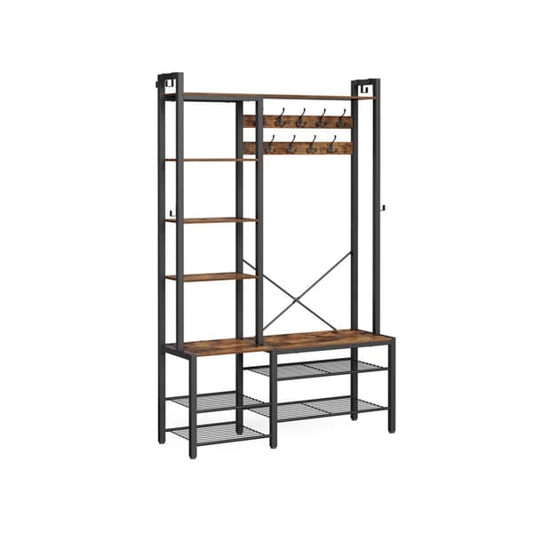 Hallträd med bänk och skoförvaring, Hall Coat Rack med skobänk och 5 förvaringshyllor, 9 klädkrokar och 6 sidokrokar, 140 x 120 x 190 cm, Vintage Bro
