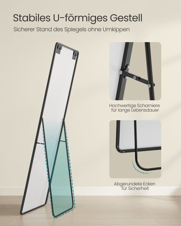 Helkroppsspegel, 160 x 50 cm, rektangulär helkroppsspegel med stativ, golvspegel med ram av aluminiumlegering, härdat glas, för sovrum, vardagsrum, k
