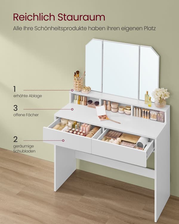 Toiletbord med trefoldigt spejl, makeupbord med 2 skuffer og 3 åbne rum, toiletbord, moderne stil, hvid RDT115W01