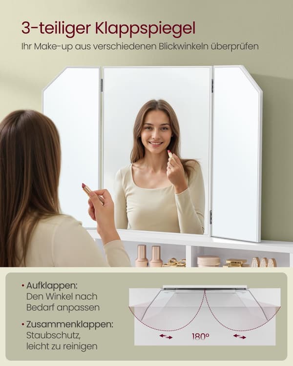 Toiletbord med trefoldigt spejl, makeupbord med 2 skuffer og 3 åbne rum, toiletbord, moderne stil, hvid RDT115W01