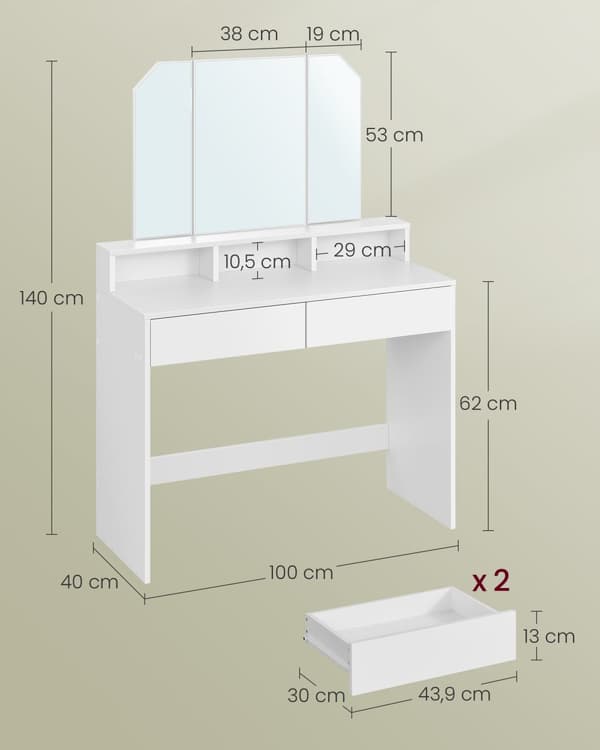 Toiletbord med trefoldigt spejl, makeupbord med 2 skuffer og 3 åbne rum, toiletbord, moderne stil, hvid RDT115W01