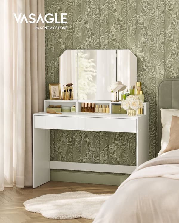 Toiletbord med trefoldigt spejl, makeupbord med 2 skuffer og 3 åbne rum, toiletbord, moderne stil, hvid RDT115W01