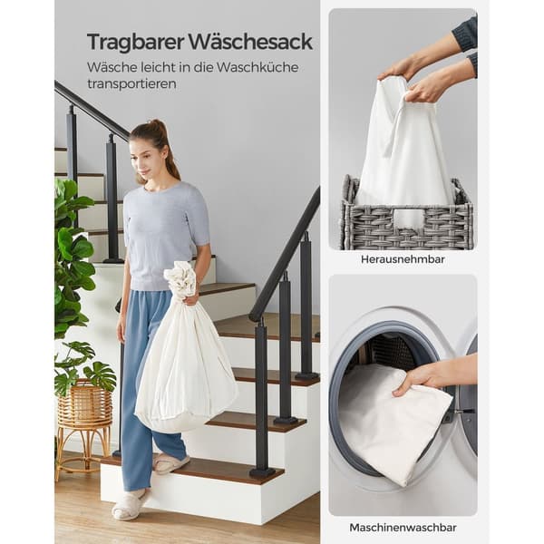 Tvättkorg med lock, 160 L, tvättkorg, 3 fack, tvättsorterare med hjul, rottinglook, tvättsäck, löstagbar, för tvättstuga, 70 x 36 x 66 cm, Grå LCB365