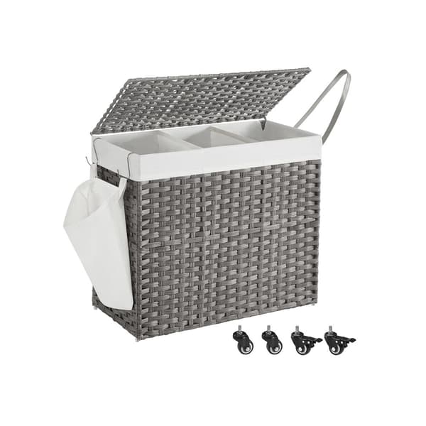 Tvättkorg med lock, 160 L, tvättkorg, 3 fack, tvättsorterare med hjul, rottinglook, tvättsäck, löstagbar, för tvättstuga, 70 x 36 x 66 cm, Grå LCB365