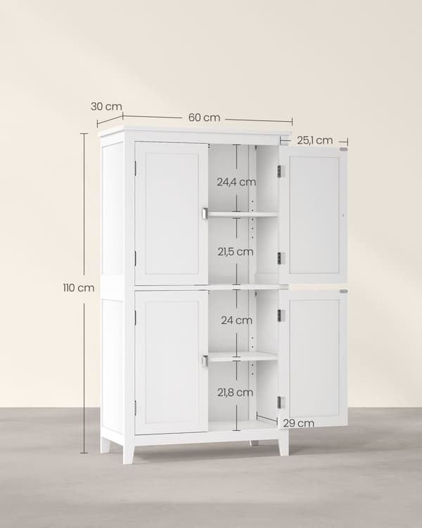 Golvförvaringsskåp för badrum, badrumsförvaringsenhet, fristående skåp med 4 dörrar, justerbara hyllor, 11,8 x 23,6 x 43,3 tum, vit UBBC552P31