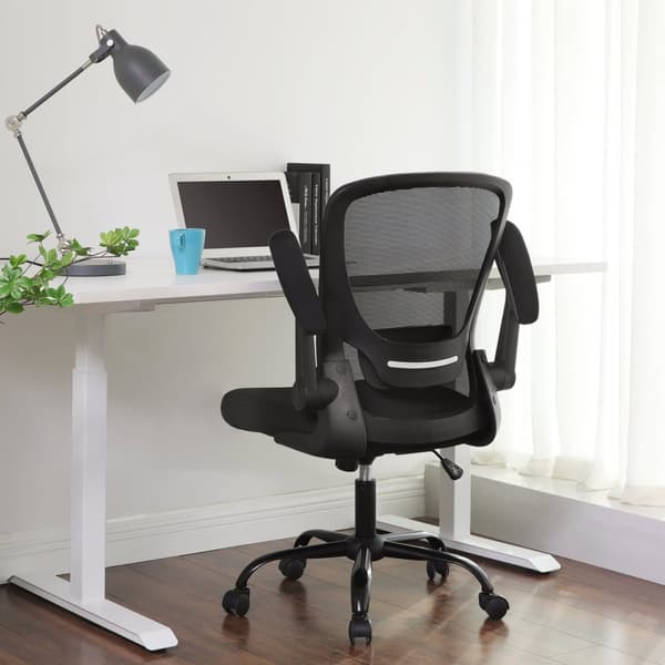 Kontorstol, skrivebordsstol, drejestol i mesh, ergonomisk computerstol, lændestøtte, oscillerende, sæde 53 cm, sammenklappelige armlæn, sort OBN37BKV