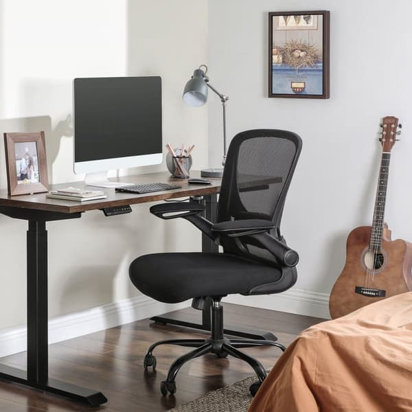 Kontorstol, skrivebordsstol, drejestol i mesh, ergonomisk computerstol, lændestøtte, oscillerende, sæde 53 cm, sammenklappelige armlæn, sort OBN37BKV