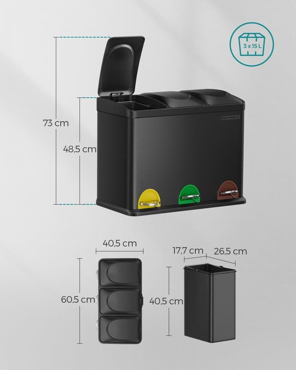 Tredobbelt køkkenspand, genbrugsspand, pedal, metalskraldespand, 45 L, affaldssorteringssystem køkkenspand, 3 x 15 L, med låg, stål, sort