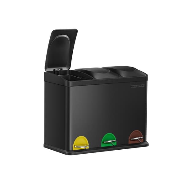 Trippel köksavfallskorg, återvinningskärl, pedal, metallavfallskorg, 45 L, avfallssorteringssystem köksavfallskorg, 3 x 15 L, med lock, stål, svart
