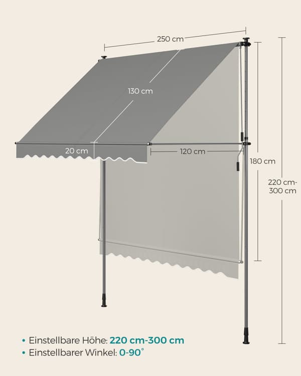 Klämbar markis med handvev 250 x 120 cm grå