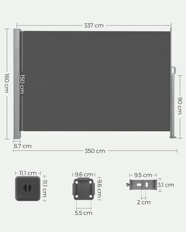 160 x 350 cm (K x L), Sivumarkiisi parvekkeelle ja terassille, Yksityisyyden suoja, Aurinkosuoja, Sivuverho, Savunharmaa GSA165G02