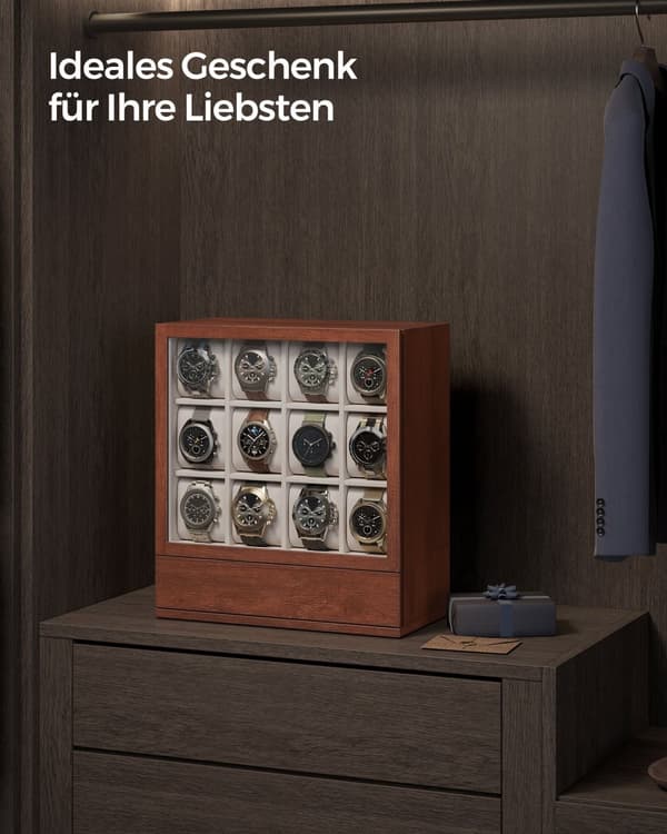 Klockbox 12 fack med fönster Presentidé kaffebrun