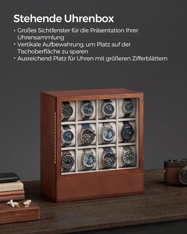 Klockbox 12 fack med fönster Presentidé kaffebrun