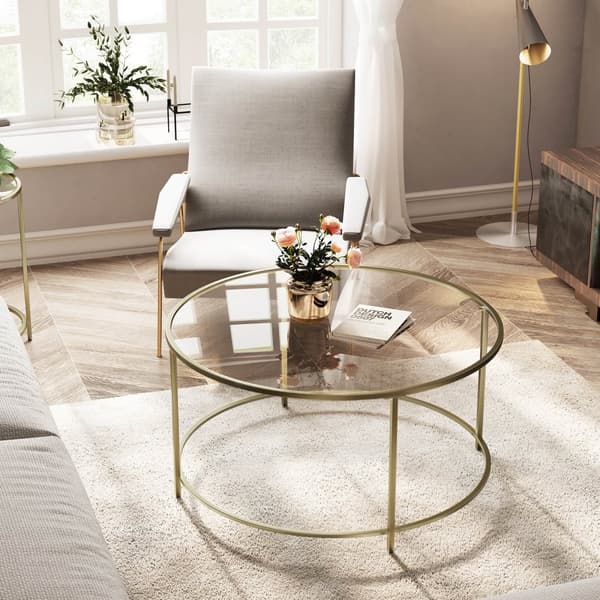 Runt soffbord, glasbord med stålram, vardagsrumsbord, soffbord, härdat glas, guld LGT21G