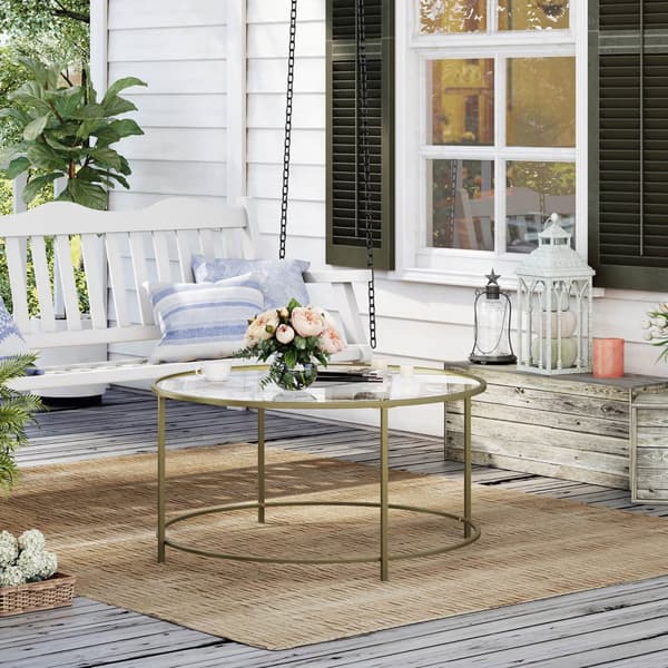 Runt soffbord, glasbord med stålram, vardagsrumsbord, soffbord, härdat glas, guld LGT21G