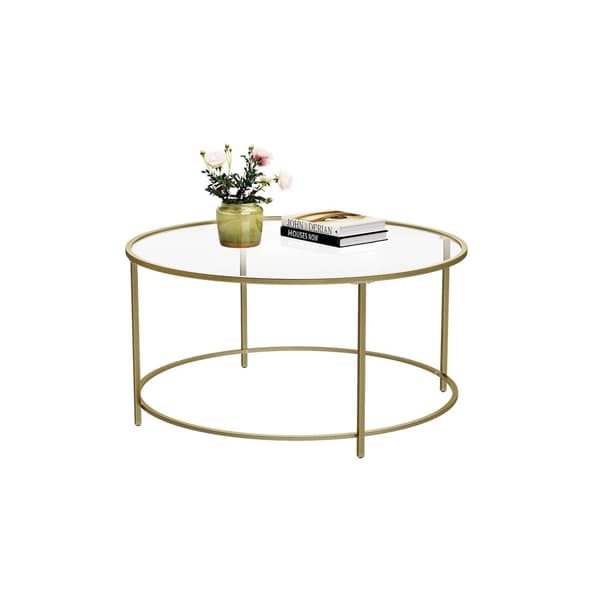 Runt soffbord, glasbord med stålram, vardagsrumsbord, soffbord, härdat glas, guld LGT21G