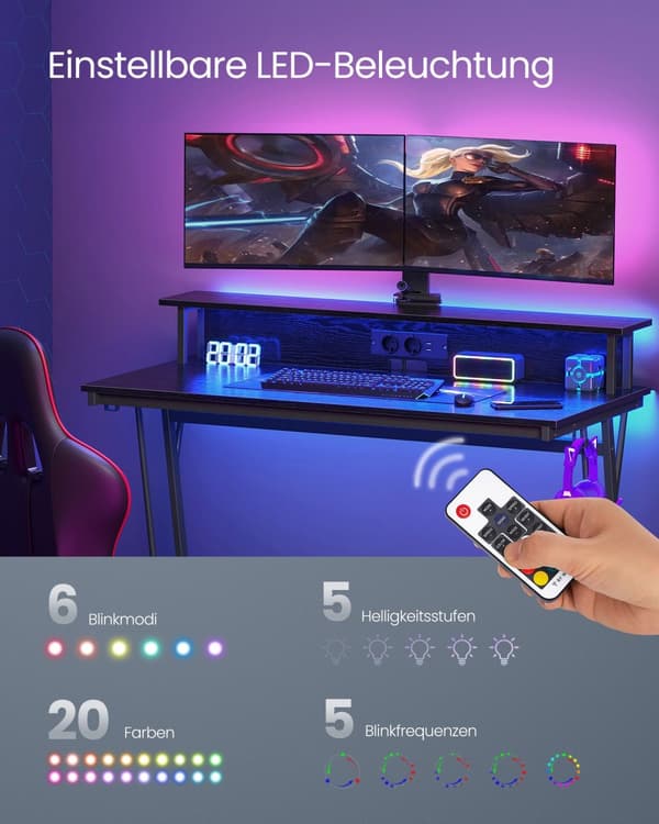 Gaming Desk med LED och Power Strip, Gamer Table, Datorbord med skärmhöjning, för 2 datorer, för sovrum, 60 x 120 x 76 cm, Classic Black