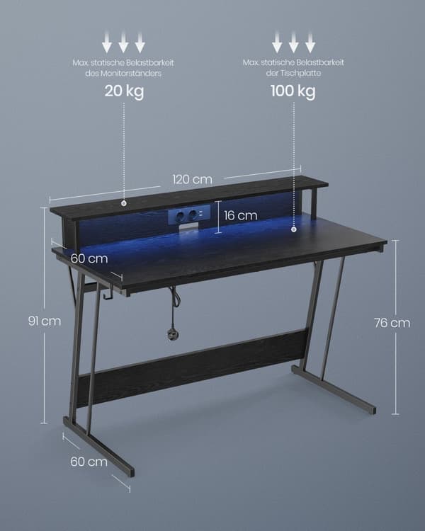 Gaming Desk med LED och Power Strip, Gamer Table, Datorbord med skärmhöjning, för 2 datorer, för sovrum, 60 x 120 x 76 cm, Classic Black