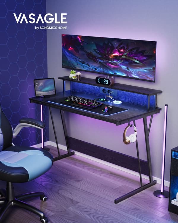 Gaming Desk med LED och Power Strip, Gamer Table, Datorbord med skärmhöjning, för 2 datorer, för sovrum, 60 x 120 x 76 cm, Classic Black