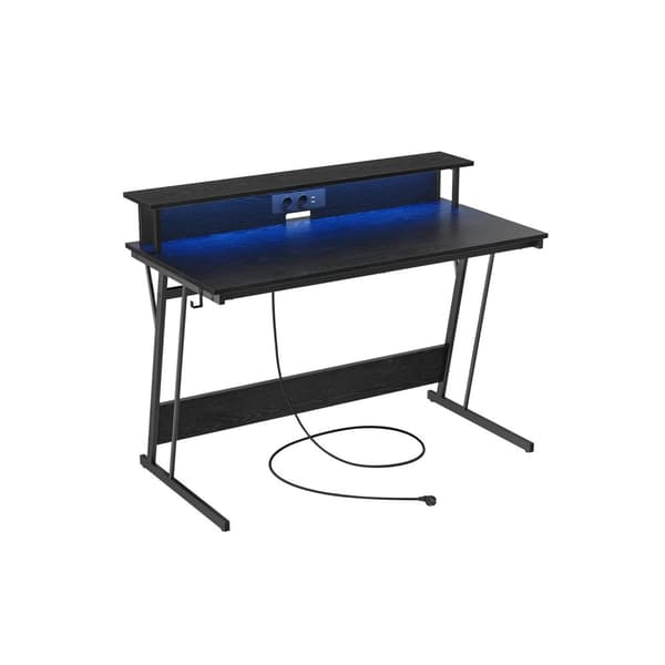 Gaming Desk med LED och Power Strip, Gamer Table, Datorbord med skärmhöjning, för 2 datorer, för sovrum, 60 x 120 x 76 cm, Classic Black