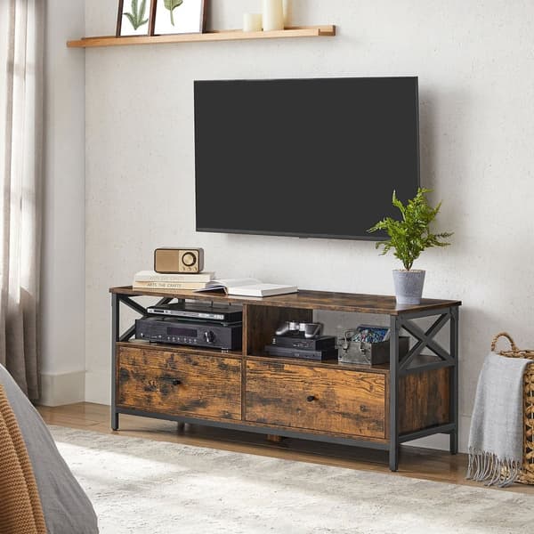 TV-skåp, TV-möbel för 55-tums TV, vardagsrum, med 2 lådor, 2 förvaringshyllor, 120 x 40 x 50 cm, stålram, industriell stil, rustikt brunt och svart