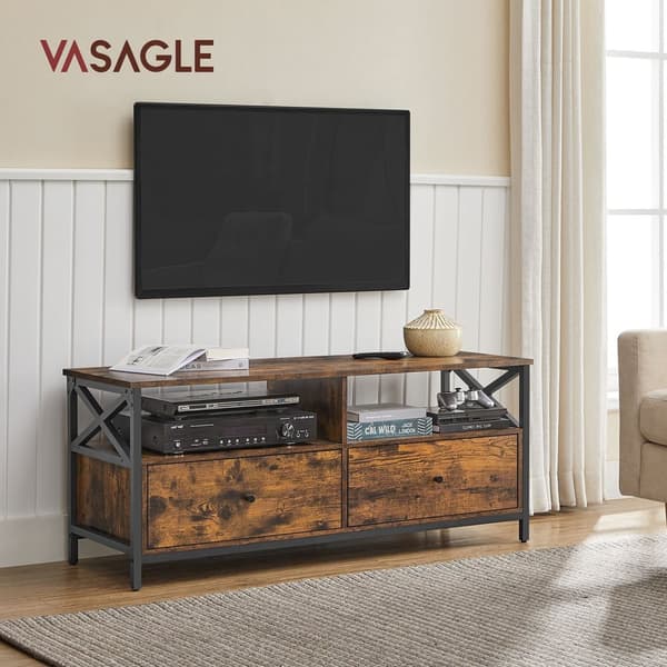 TV-skåp, TV-möbel för 55-tums TV, vardagsrum, med 2 lådor, 2 förvaringshyllor, 120 x 40 x 50 cm, stålram, industriell stil, rustikt brunt och svart