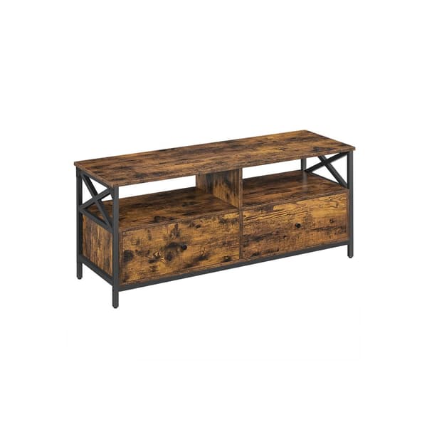 TV-skåp, TV-möbel för 55-tums TV, vardagsrum, med 2 lådor, 2 förvaringshyllor, 120 x 40 x 50 cm, stålram, industriell stil, rustikt brunt och svart