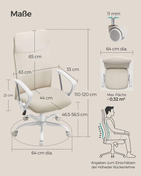 Kontorsstol, ergonomisk snurrstol, vadderad sits, tygklädd, justerbar och lutningsbar , Ljusgrå