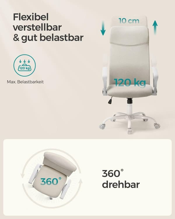 Kontorsstol, ergonomisk snurrstol, vadderad sits, tygklädd, justerbar och lutningsbar , Ljusgrå