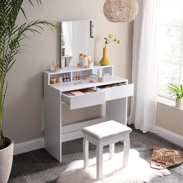Sminkbord med stor rektangulär spegel, sminkbord med 2 lådor och 3 öppna fack, sminkbord, modern stil, vit RDT113W01