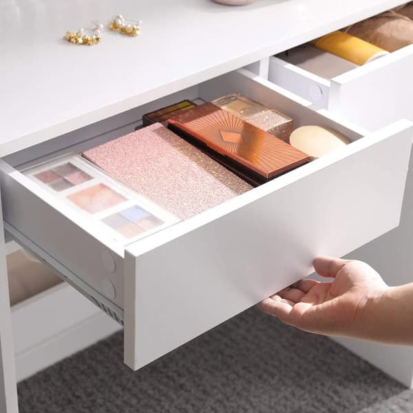 Sminkbord med stor rektangulär spegel, sminkbord med 2 lådor och 3 öppna fack, sminkbord, modern stil, vit RDT113W01