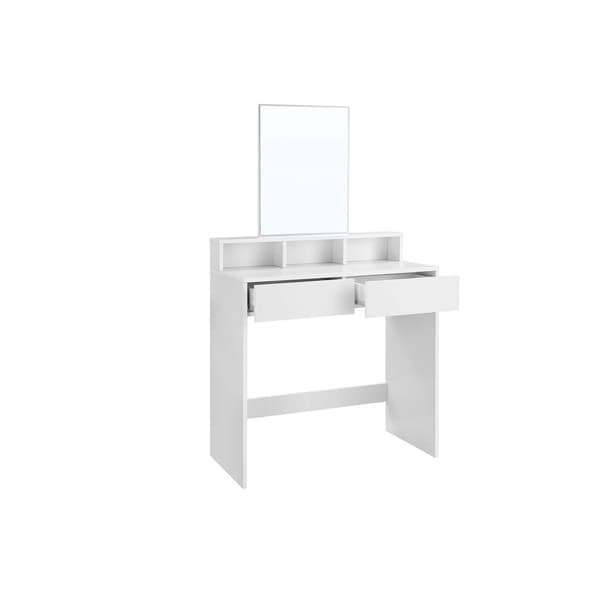 Toiletbord med stort rektangulært spejl, makeupbord med 2 skuffer og 3 åbne rum, toiletbord, moderne stil, hvid RDT113W01