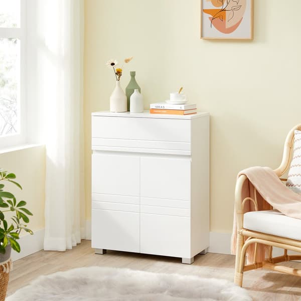Badeværelsesskab, skænkeskab, med skuffe, 2 døre, justerbar hylde, til entre, 60 x 30 x 80 cm, hvid BBK140W01