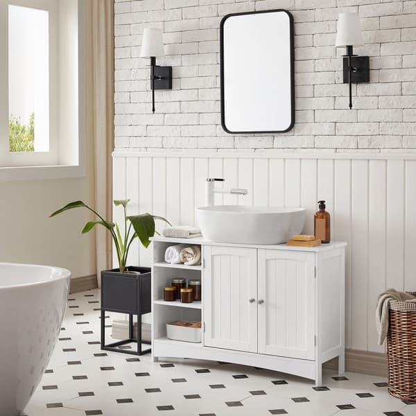 Underdiskbänkskåp, badrumsskåp, 90 x 30 x 60 cm, förvaringsskåp med 2 dörrar, öppna förvaringsfack, höjdjusterbara hyllplan, vit UKBBC410P31