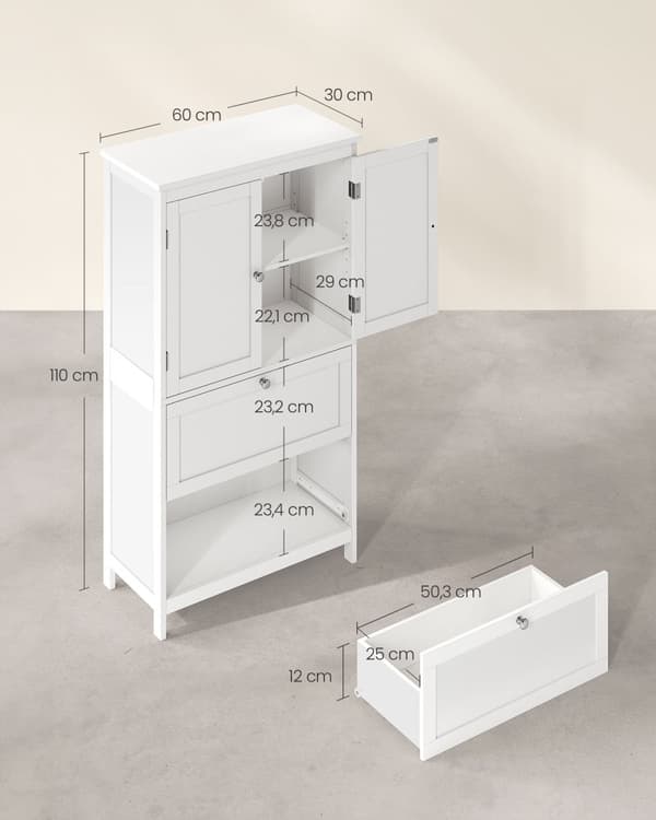 Golvförvaringsskåp för badrum, badrumsförvaringsenhet, fristående badrumsskåp med 2 lådor och 2 dörrar, justerbart hyllplan, 11,8 x 23,6 x 43,3 tum,
