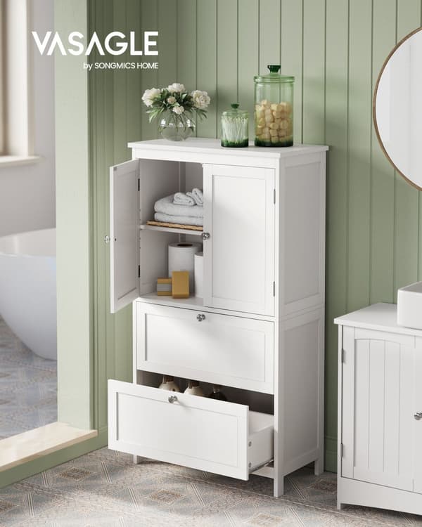 Golvförvaringsskåp för badrum, badrumsförvaringsenhet, fristående badrumsskåp med 2 lådor och 2 dörrar, justerbart hyllplan, 11,8 x 23,6 x 43,3 tum,