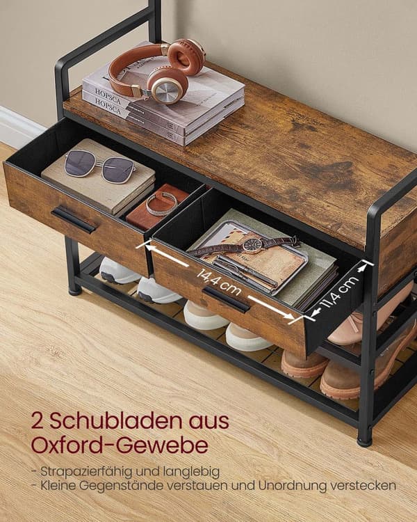 Hall Tree med bænk og skoopbevaring, Garderobestativ med skobænk, 2 stofskuffer, 10 kroge, 11,8 x 31,7 x 71,5 tommer, Vintage Brown og Ink Black HSR4