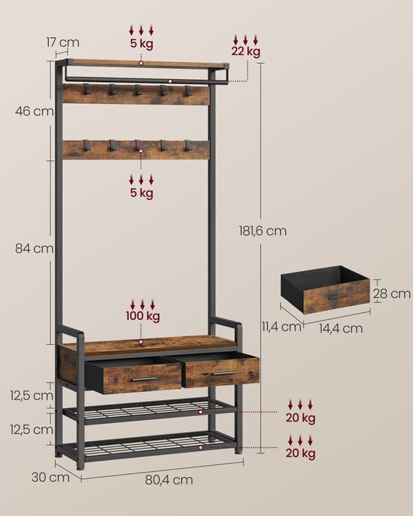 Hall Tree med bænk og skoopbevaring, Garderobestativ med skobænk, 2 stofskuffer, 10 kroge, 11,8 x 31,7 x 71,5 tommer, Vintage Brown og Ink Black HSR4