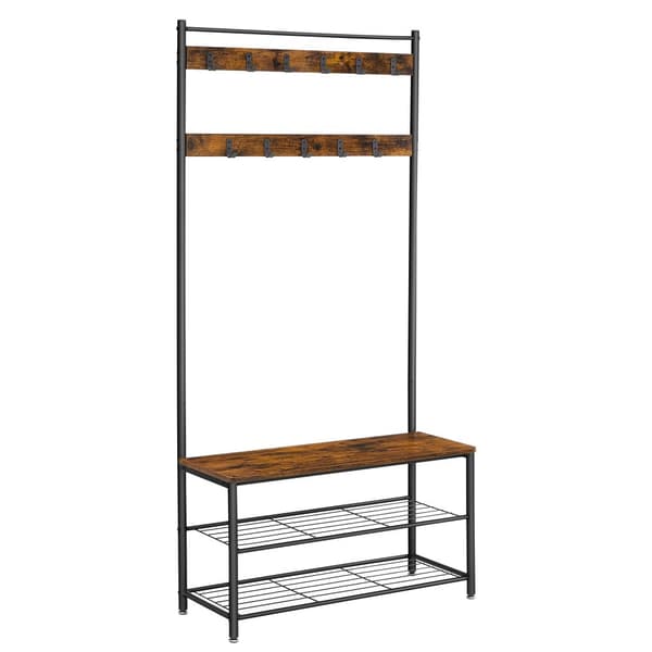 Kapphylla, kapphylla med bänk för skoförvaring, hallträd med skohylla, 3-i-1-design, stålram, för hall, entré, 32 x 85 x 175 cm, industriell, rustik