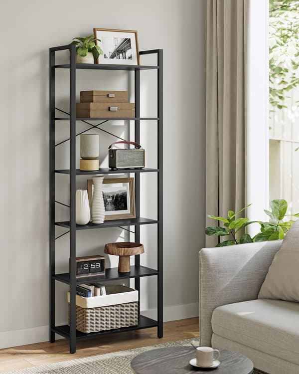 6-facks hög bokhylla, stor bokhylla, stålram, fristående hylla för vardagsrum, sovrum, hemmakontor, arbetsrum, 30 x 66 x 186 cm, industriell, Ebony B