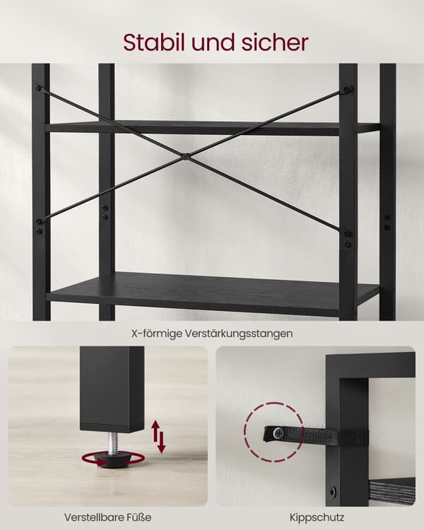 6-facks hög bokhylla, stor bokhylla, stålram, fristående hylla för vardagsrum, sovrum, hemmakontor, arbetsrum, 30 x 66 x 186 cm, industriell, Ebony B