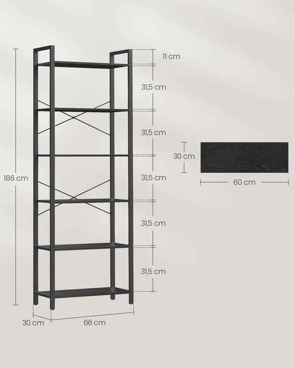 6-facks hög bokhylla, stor bokhylla, stålram, fristående hylla för vardagsrum, sovrum, hemmakontor, arbetsrum, 30 x 66 x 186 cm, industriell, Ebony B