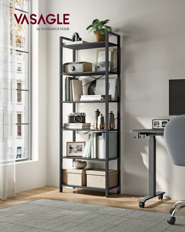 6-facks hög bokhylla, stor bokhylla, stålram, fristående hylla för vardagsrum, sovrum, hemmakontor, arbetsrum, 30 x 66 x 186 cm, industriell, Ebony B