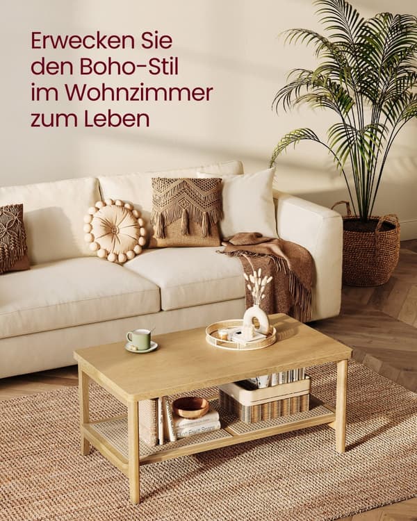 2-trins sofabord med opbevaring, sofabord til stuen, bord med opbevaringshylde i PVC-rattan, afrundede hjørner, boho-stil, eg-beige LCT240Y57